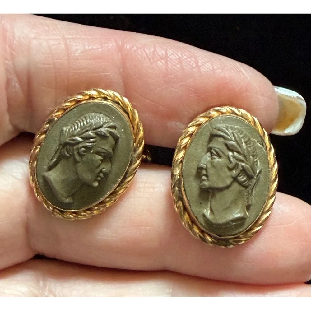 Vtg Destino 12k Gold Filled & Lava Cameo Cufflinks Ceasar